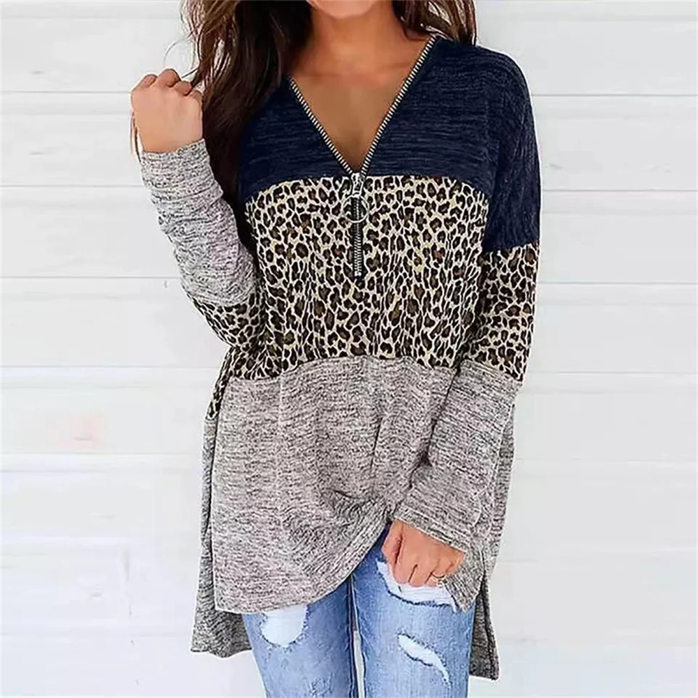 Women's Autumn Long Sleeve Zipper V-Neck T-Shirt Leopard Printed Color Matching Tops Loose Casual Party Patchwork Street Clothes 
Women's Autumn Long Sleeve Zipper V-Neck T-Shirt Leopard Printed Color Matching Tops Loose Casual Party Patchwork Street Clothes