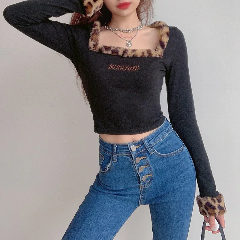 Leopard Fur Trim Women's T-Shirt Goth Aesthetic Black Female Long Sleeve Shirt Autumn Streetwear Skinny Crop Tops 90s Aesthetic
Leopard Fur Trim Women's T-Shirt Goth Aesthetic Black Female Long Sleeve Shirt Autumn Streetwear Skinny Crop Tops 90s Aesthetic