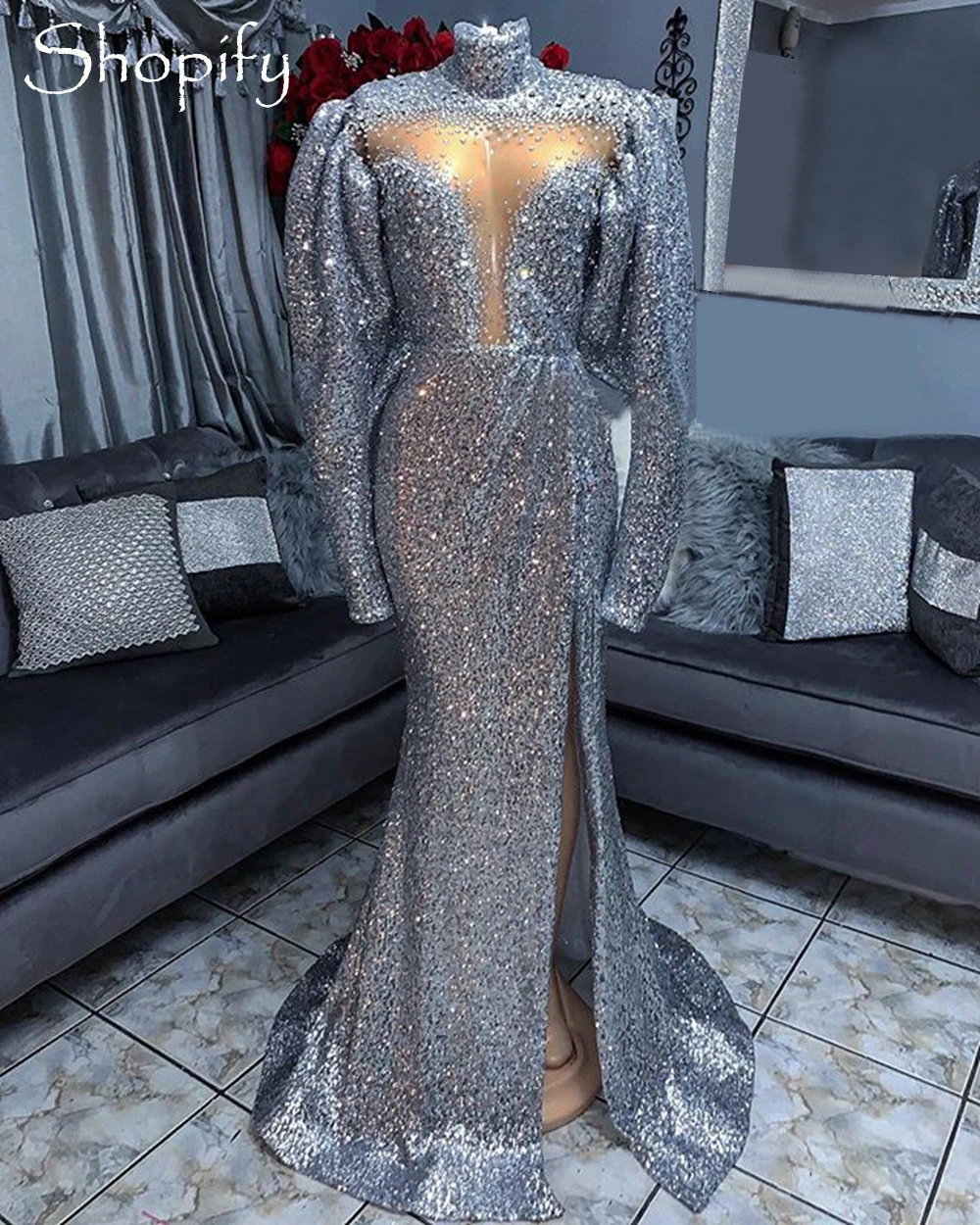 Long Sleeve High Neck Side Slit Prom Dresses 2021 Sheer Mermaid African Black Girls Silver Sequin Prom Gala Dress
Long Sleeve High Neck Side Slit Prom Dresses 2021 Sheer Mermaid African Black Girls Silver Sequin Prom Gala Dress