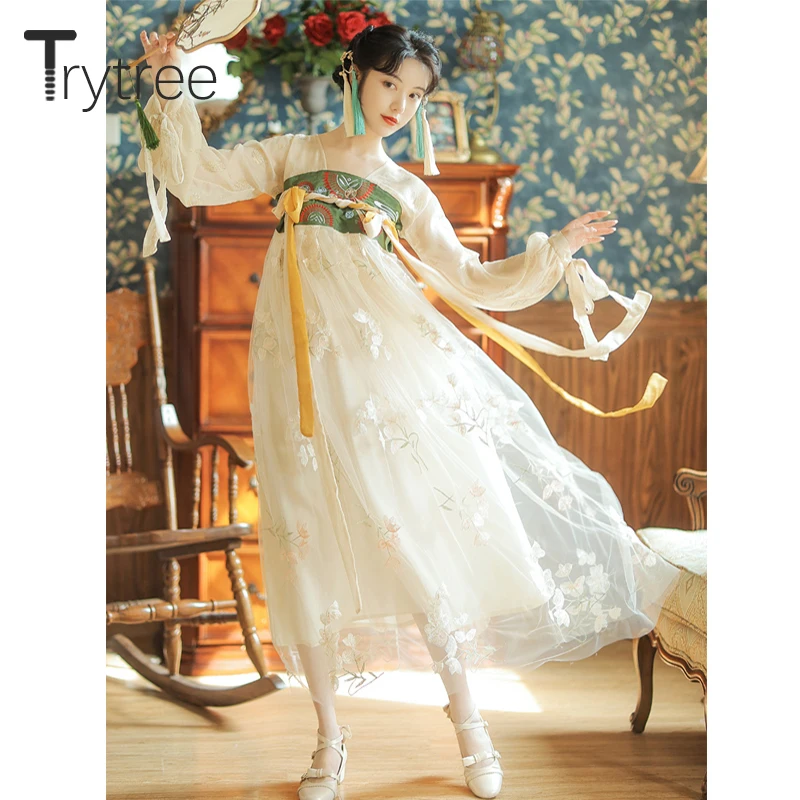 Trytree Summer Women Casual Dress Floral Lace Chinese Style Embroidery Ribbons Lantern Sleeve A-line Hanfu Ankle-Length Dress 
Trytree Summer Women Casual Dress Floral Lace Chinese Style Embroidery Ribbons Lantern Sleeve A-line Hanfu Ankle-Length Dress