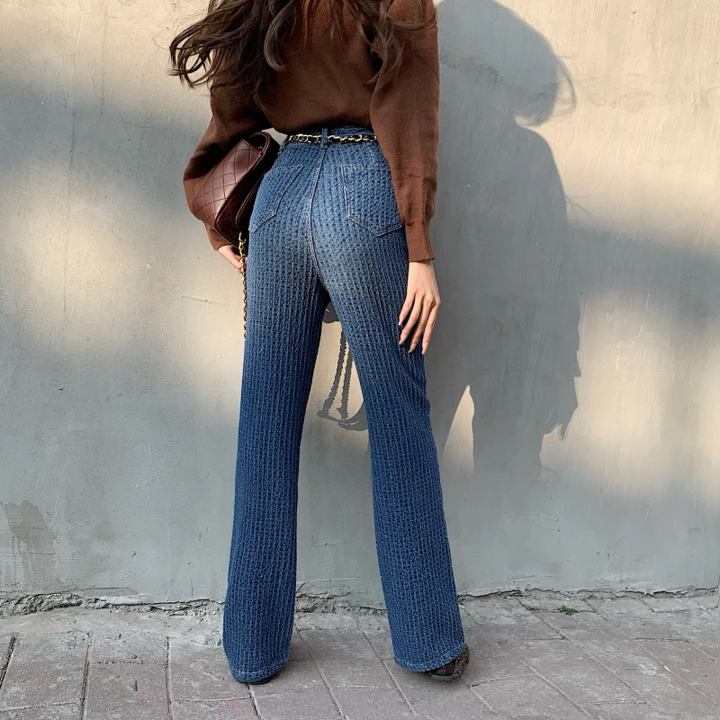 KUSAHIKI Korean Weave Jeans Women Pants Korean High Waist Elegant Long Trousers Causal 2021 New Demin Wide Leg Pants 6F574
