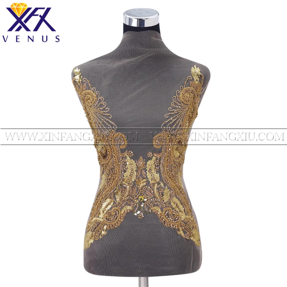 

XFX VENUS 1 Piece Rhinestones applique Gold beads bodice patches trimming motif for women Dress Clothes Fabric garment DIY
