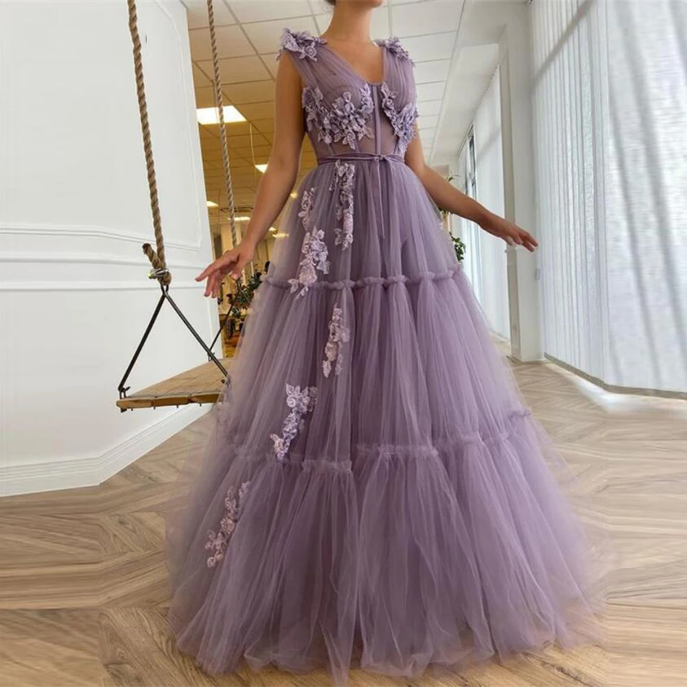 

Элегантное Тюлевое платье лаванды в несколько рядов, длинные платья для выпускного вечера, ТРАПЕЦИЕВИДНОЕ вечернее платье в пол с 3D цветами...