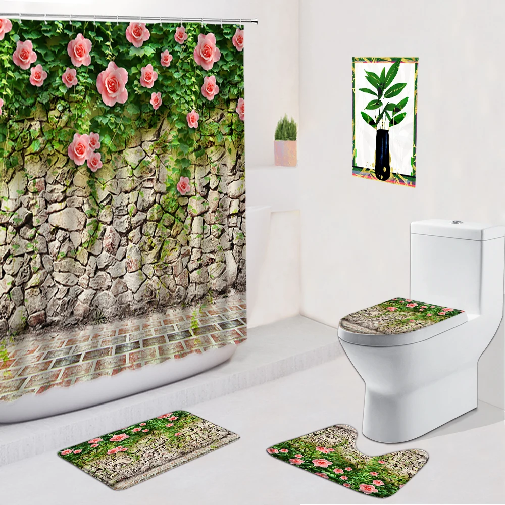 

Brick Stone Wall Shower Curtain Green Leaf Flower Bathroom Decor Non Slip Flannel Carpets Bath Mat Door Pad Toilet Cover Set