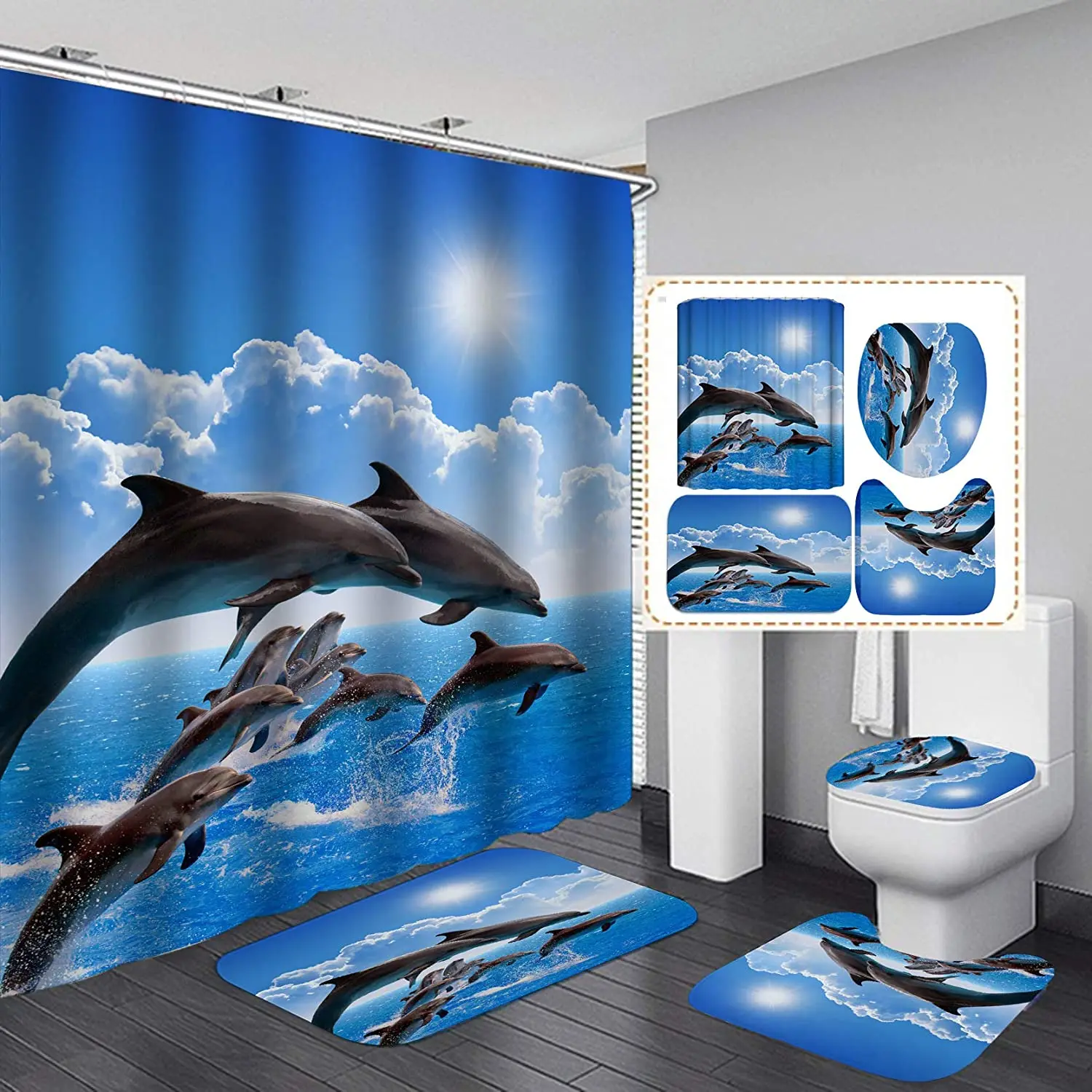 Jumping Dolphin Print Shower Curtain Set Carpet Cover Toilet Cover Bath Mat Pad Set Bathroom Curtain With 12 Hooks Home
Jumping Dolphin Print Shower Curtain Set Carpet Cover Toilet Cover Bath Mat Pad Set Bathroom Curtain With 12 Hooks Home