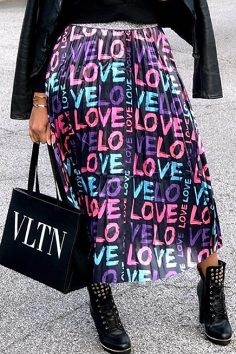 Summer casual letter printed women's pleated group European fashion loose high waist skirt 
Summer casual letter printed women's pleated group European fashion loose high waist skirt