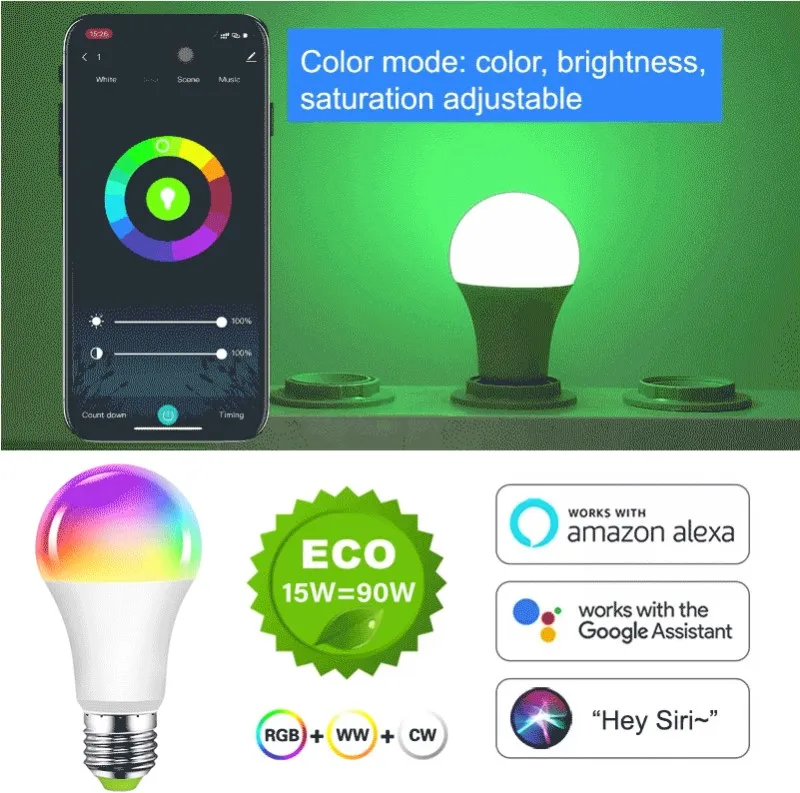 15 Вт WiFi светильник ная лампочка E27 E26 B22 с регулируемой яркостью RGB + CCT умная лампочка с голосовым управлением работает с Alexa Google Home
15 Вт WiFi светильник ная лампочка E27 E26 B22 с регулируемой яркостью RGB + CCT умная лампочка с голосовым управлением работает с Alexa Google Home