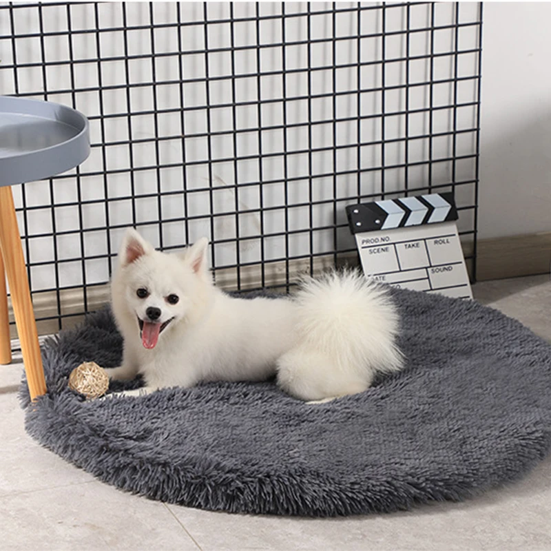 

Dog Bed 4cm Long Plush Round Cushion Calm Cat Bed Kennel Soft Fluffy Mat Sleeping Bag Cushion Cama Perro For Large Dogs Pet Pad