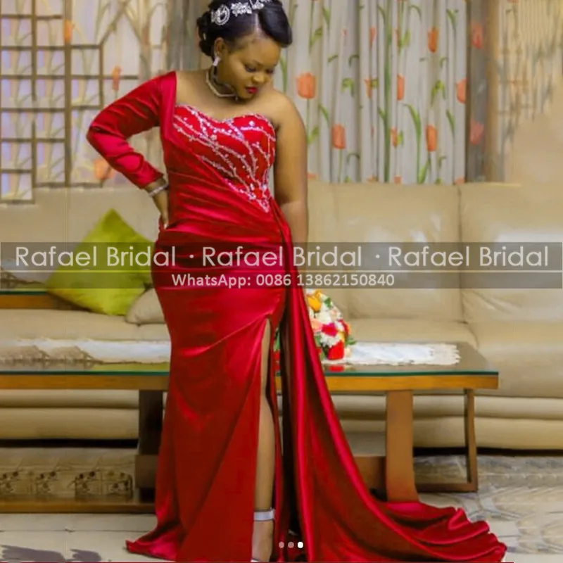 Gorgeous Mermaid Red Prom Dresses With Streamer Beads High Split One Long Sleeves Trumpet Celebrity Dress Party Gown
Gorgeous Mermaid Red Prom Dresses With Streamer Beads High Split One Long Sleeves Trumpet Celebrity Dress Party Gown