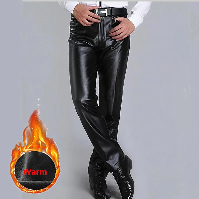 Новинка Зима 2020 мужские утепленные флисовые брюки из искусственной кожи теплые