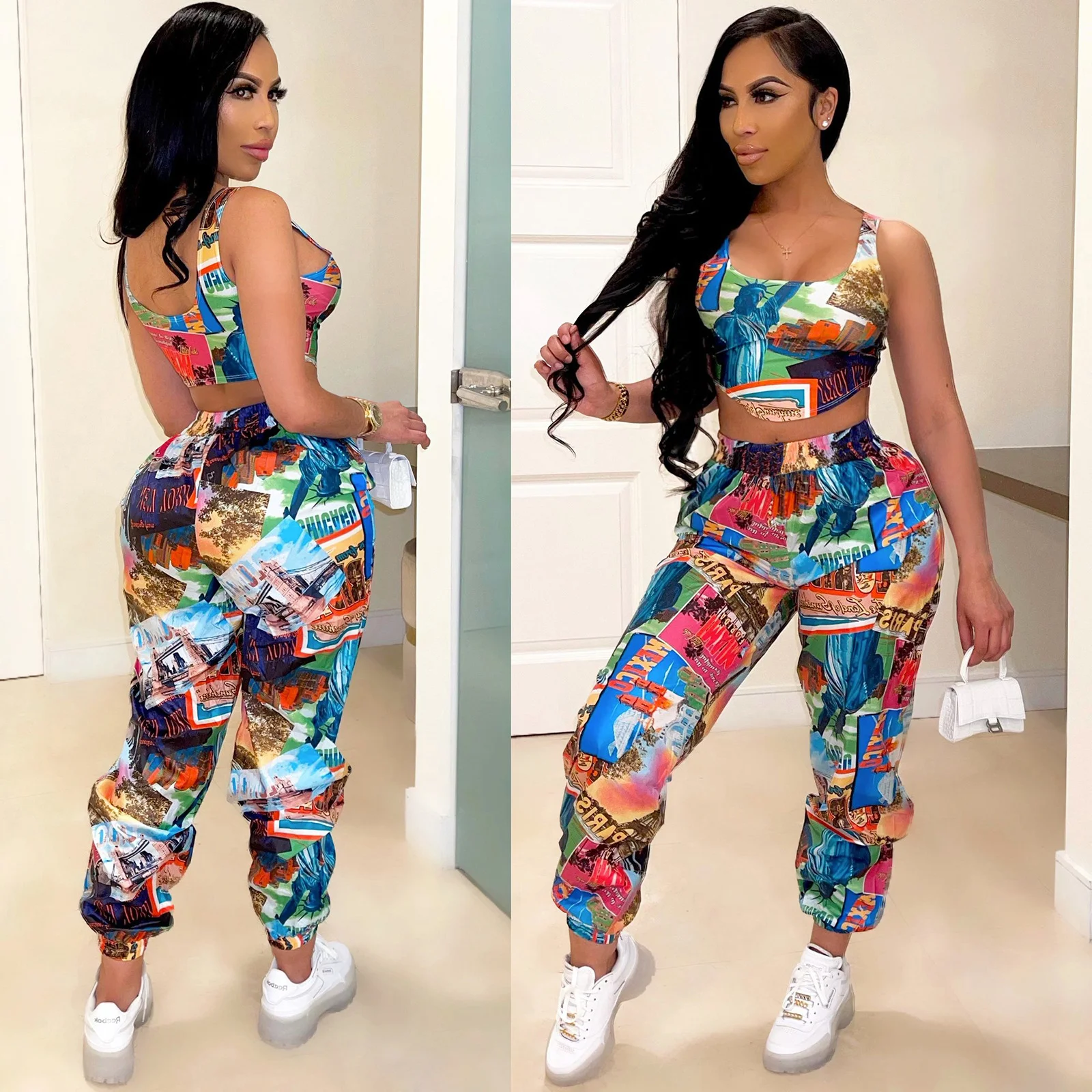 Multicolor Print Vest Trousers Two-piece Suit Sleeveless Open Navel Short Tops High Waist Loose Pants Suit Fashion Women Clothes
Multicolor Print Vest Trousers Two-piece Suit Sleeveless Open Navel Short Tops High Waist Loose Pants Suit Fashion Women Clothes