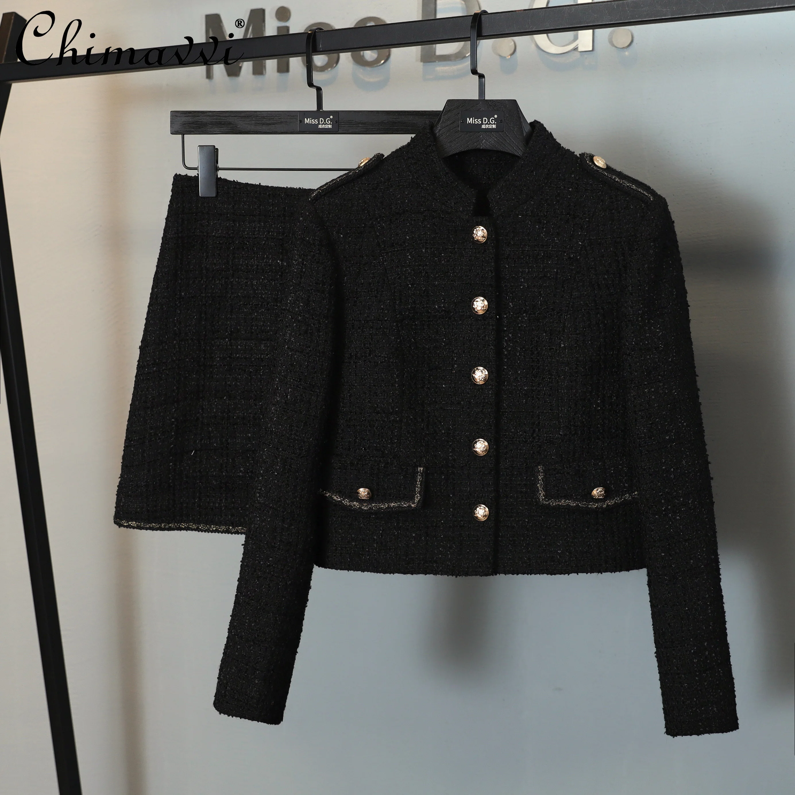 

Женский твидовый комплект из двух предметов, элегантное однотонное короткое пальто, простое черное офисное платье выше колена, осень 2021