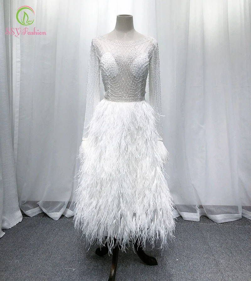 Женское вечернее платье до середины икры SSYFashion роскошное белое с длинным рукавом