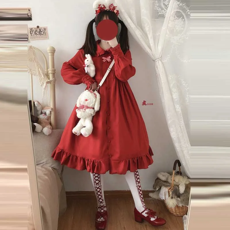 Sweet Soft Sister Japanese Dress Women Ruffle Long Sleeve Doll Collar First Love Dress Vintage Red Pink Black White Preppy Dress 
Sweet Soft Sister Japanese Dress Women Ruffle Long Sleeve Doll Collar First Love Dress Vintage Red Pink Black White Preppy Dress