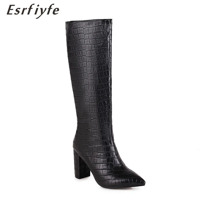 

ESRFIYFE 2020 New Stone Grain Microfiber Women Knee High Boots Fashion Pointed Toe Ladies Boots Chuniky Heel Women Shoes Black