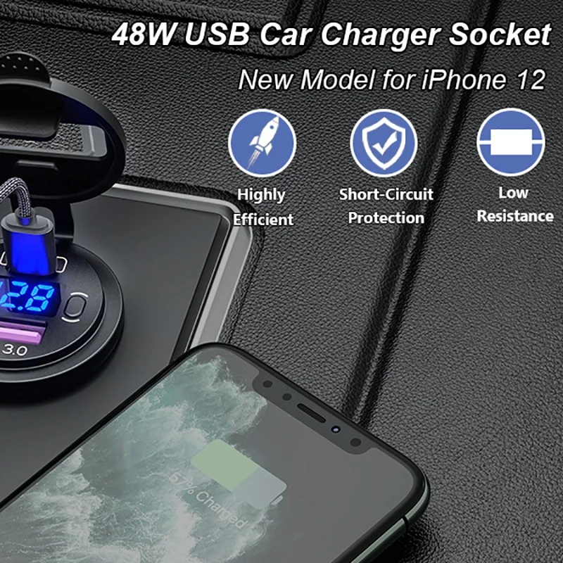 PD Type C 48W Dual USB Car Charger Socket, QC 3.0 Car Fast Charger with Voltmeter and Switch for Boat Truck RV
PD Type C 48W Dual USB Car Charger Socket, QC 3.0 Car Fast Charger with Voltmeter and Switch for Boat Truck RV