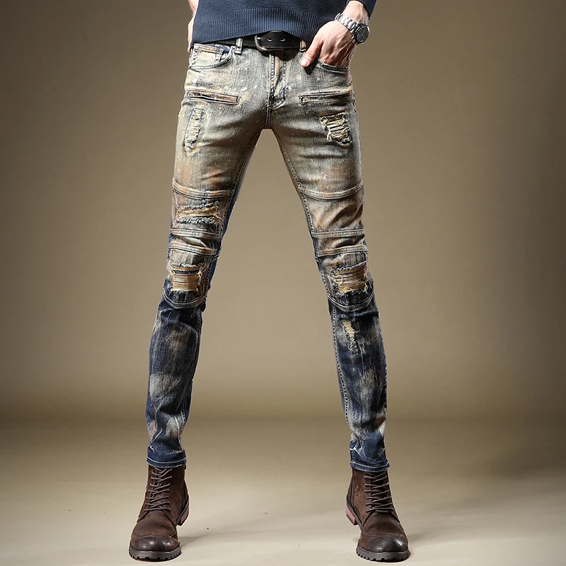 

Джинсы мужские стрейчевые, рваные прямые брюки ржавчины в стиле ретро, облегающие брюки из потертого денима в стиле хип-хоп, уличная одежда