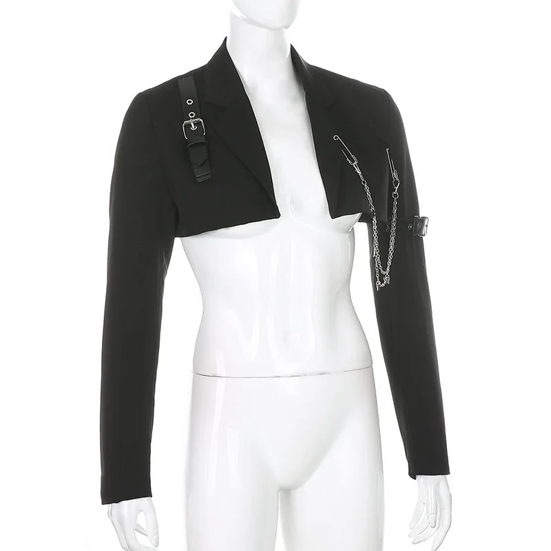 2021 Woman Punk Chain Black Short Jacket Buckle Fashion New Streetwear Blazer Cropped Coat Fall Winter Solid Jackets Outerwear
2021 Woman Punk Chain Black Short Jacket Buckle Fashion New Streetwear Blazer Cropped Coat Fall Winter Solid Jackets Outerwear
