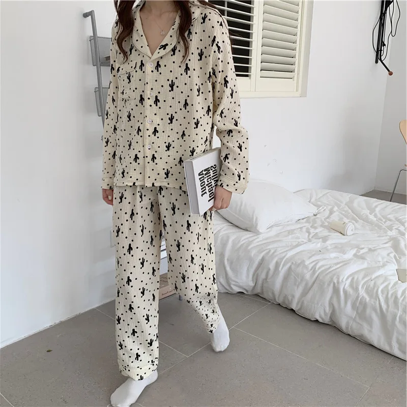 Cotton Pajamas Women's 2021 Early Spring New Soft Korean Wave Point Cactus Printed Long Sleeve Home Wear Two Piece Set 
Cotton Pajamas Women's 2021 Early Spring New Soft Korean Wave Point Cactus Printed Long Sleeve Home Wear Two Piece Set