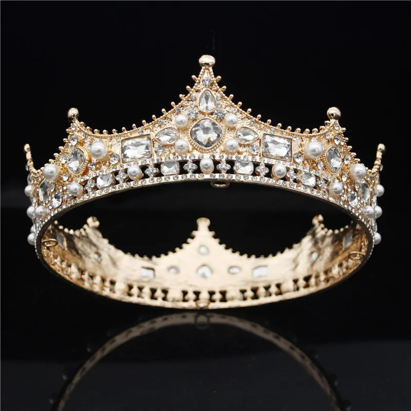 Барокко винтажный Хрустальный жемчуг свадебная корона ободки Королева Король