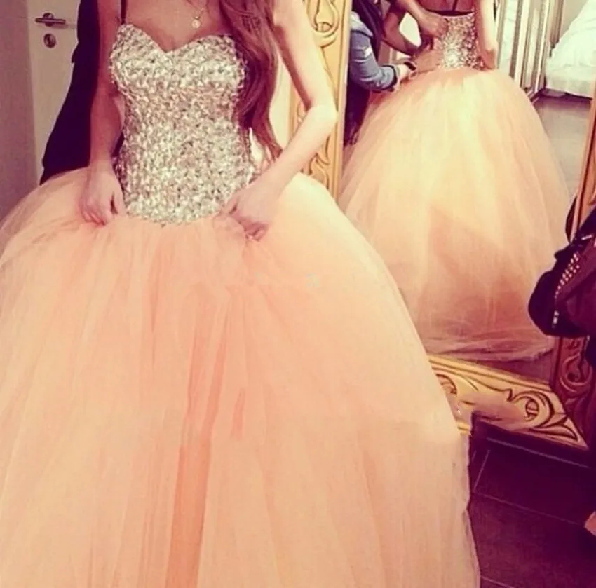 

2015 Fast Shipping Gorgeous Sparkly Rhinestone Puffy Tulle Peach Balls Gowns Prom Dresses Debutante Engagement Dress Custom Made