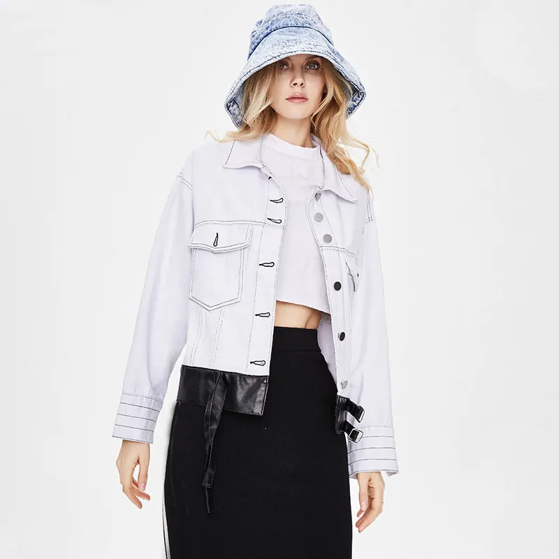 2021 Осенняя джинсовая куртка для женщин, крутая PU Лоскутная джинсовая куртка, женское свободное повседневное однобортное джинсовое пальто с... 
2021 Осенняя джинсовая куртка для женщин, крутая PU Лоскутная джинсовая куртка, женское свободное повседневное однобортное джинсовое пальто с...