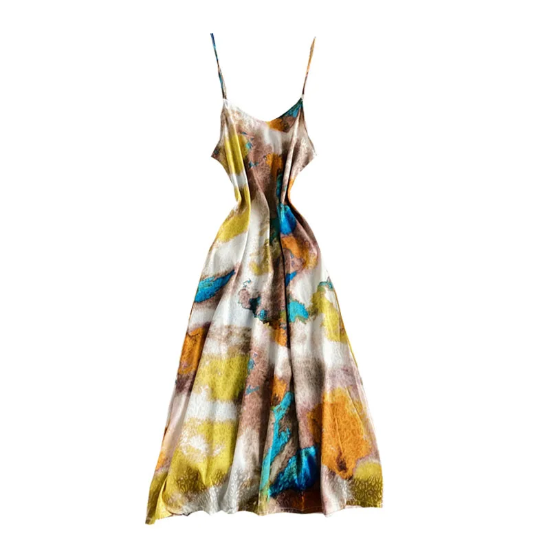 Color print V-neck suspender dress summer goddess style light mature temperament show thin Sexy French A-line long
Color print V-neck suspender dress summer goddess style light mature temperament show thin Sexy French A-line long