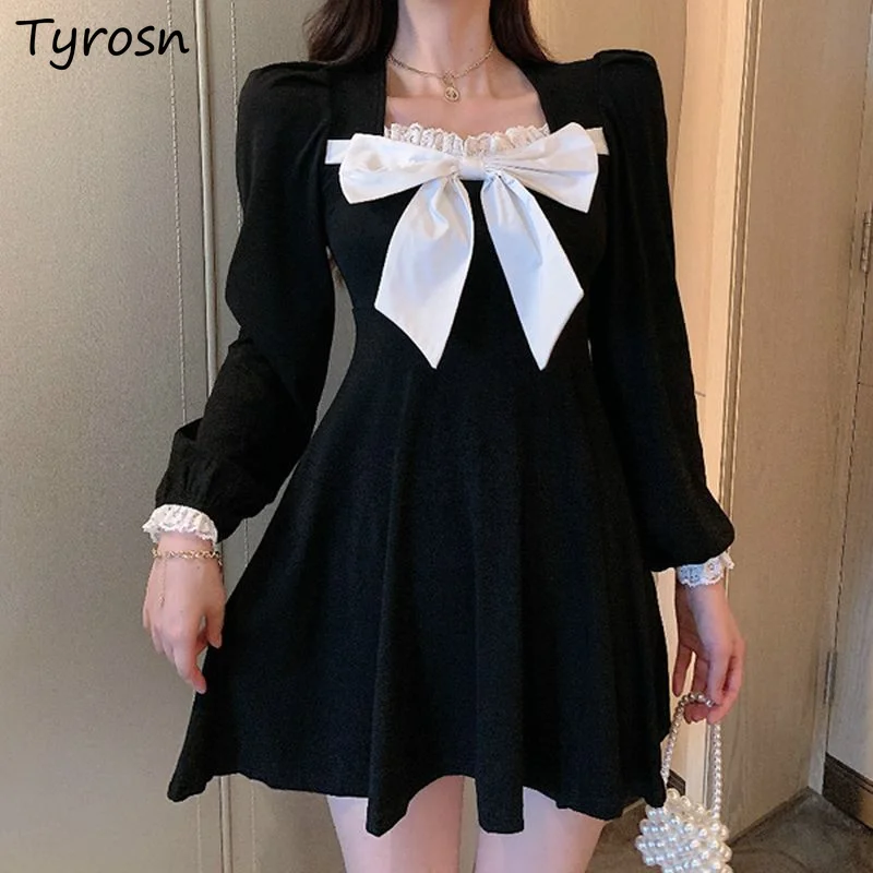 Dresses Women Long Sleeve Bow Sweet Elegant Above Knee Ulzzang Hip A-line Retro Patchwork Square Collar French Style Femme Sexy
Dresses Women Long Sleeve Bow Sweet Elegant Above Knee Ulzzang Hip A-line Retro Patchwork Square Collar French Style Femme Sexy
