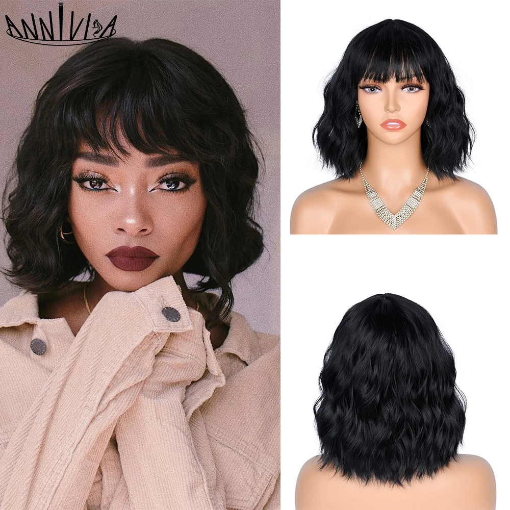 

Short Wavy Wig With Bangs African Synthetic Cosplay Lolita Ombre Natural Glueless Pink Brown Green Red Wigs For Women Bob Wigs