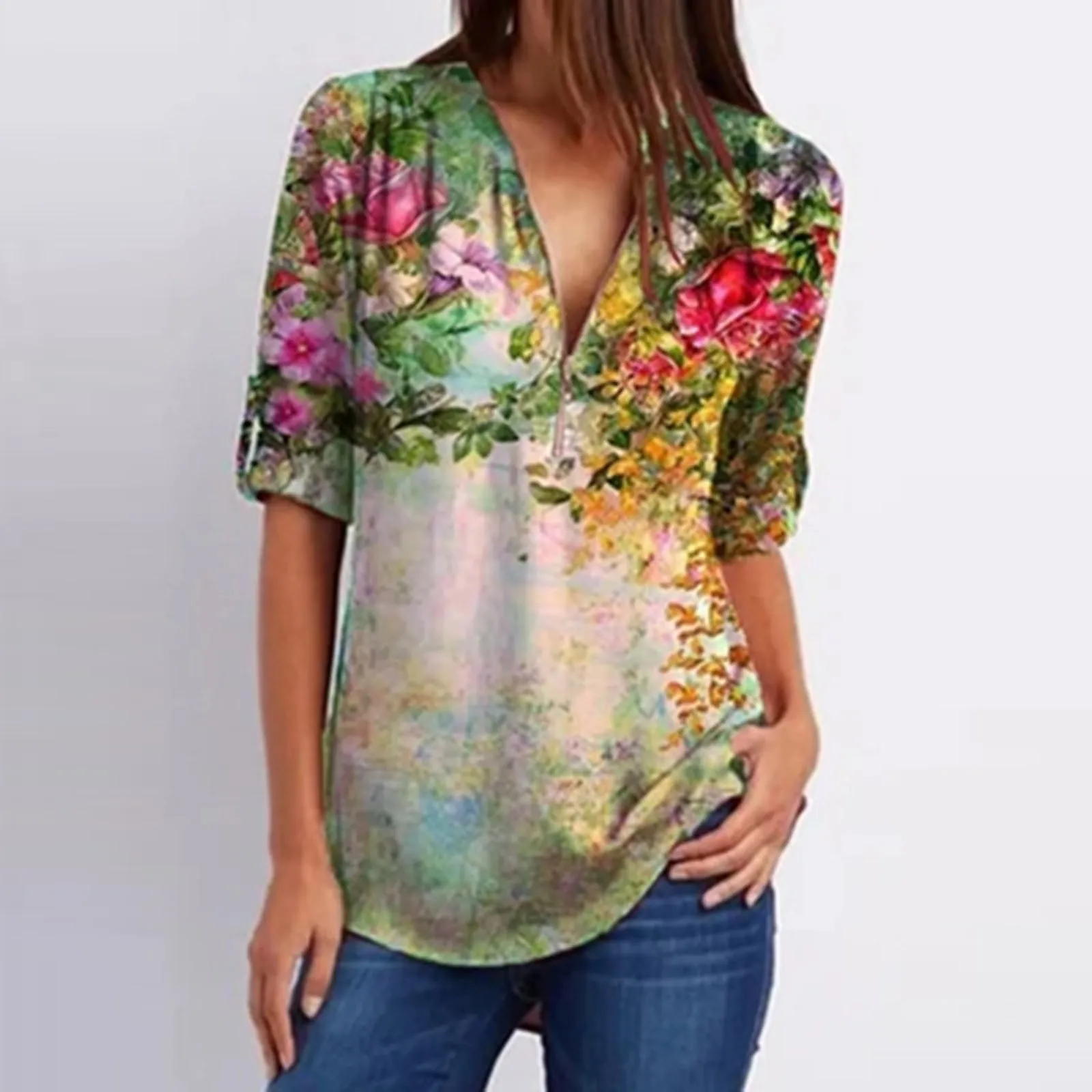 SAGACE Ladies casual fashion loose zipper V-neck floral print sleeve shirt Ladies casual fashion loose zipper print sleeve shirt
SAGACE Ladies casual fashion loose zipper V-neck floral print sleeve shirt Ladies casual fashion loose zipper print sleeve shirt