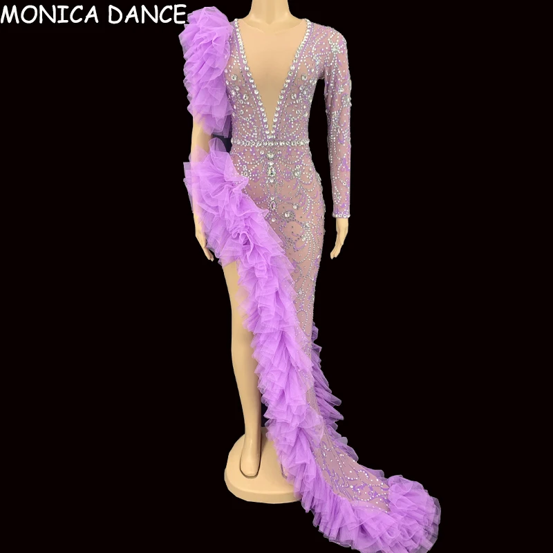 Sexy Stage Silver Rhinestone Purple Mesh Transparent Long Dress Birthday Celebrate One Sleeve Outfit Evening Women Dancer Dress
Sexy Stage Silver Rhinestone Purple Mesh Transparent Long Dress Birthday Celebrate One Sleeve Outfit Evening Women Dancer Dress