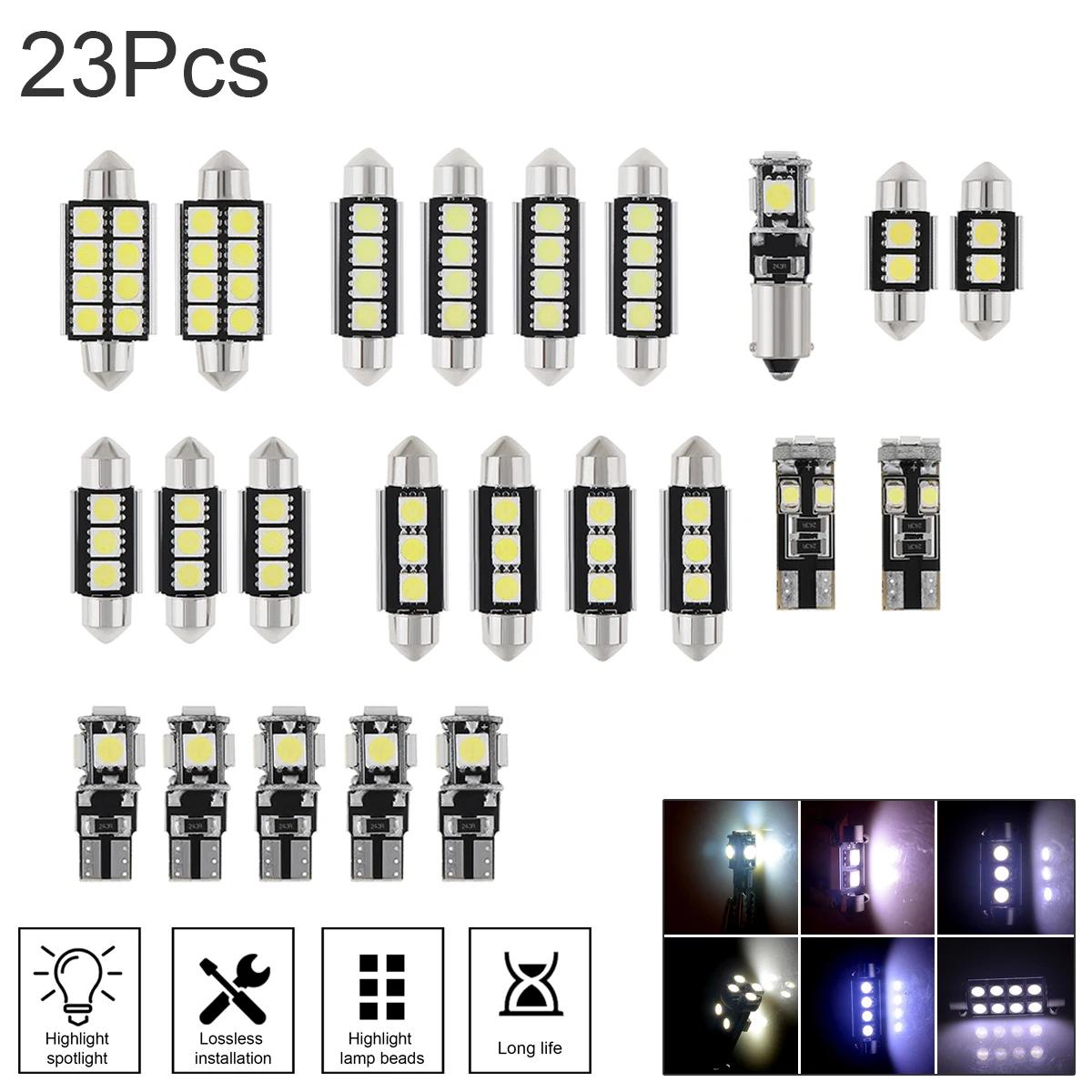 

23pcs T10 5050 W5W 6000K 600Lm White Color Canbus LED Car Interior Inside Light Dome Trunk Map License Plate Lamp Bulbs for Car