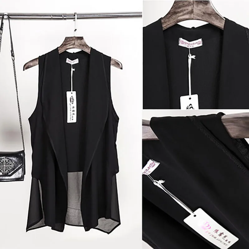 Irregular Summer Black Chiffon Vest Women‘s 2020 New Thin Cardigan Femme Solid Color Mid-length White Waistcoat Female Z150 | Женская