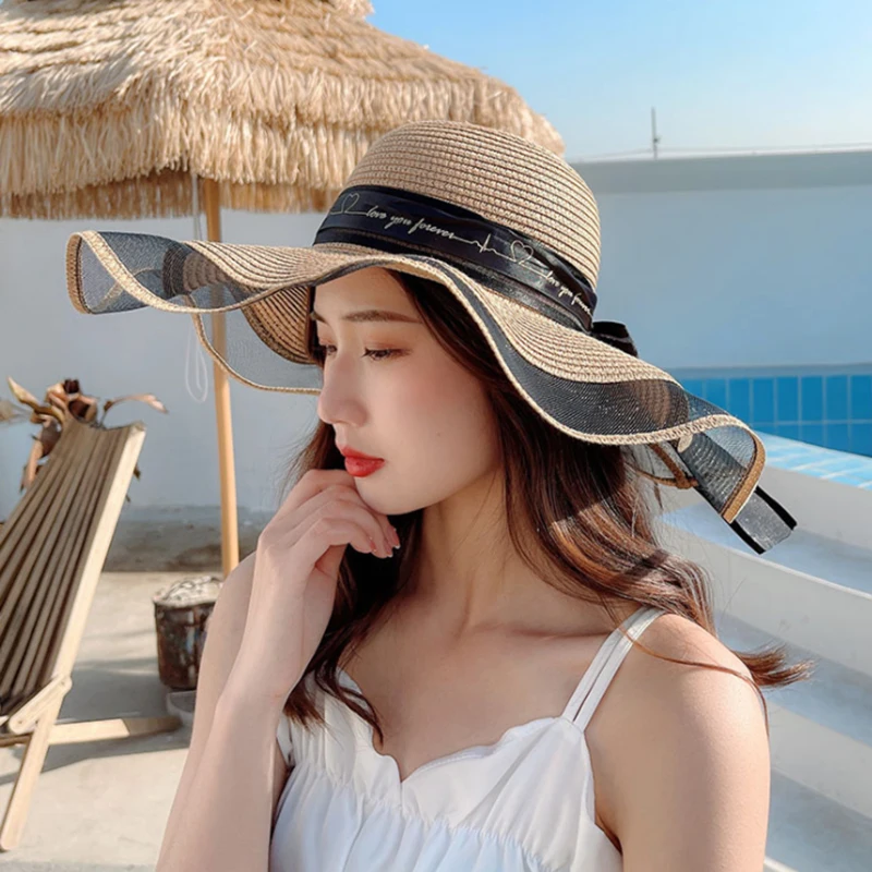 

New 2021 Hats for Women Summer Large Brim Straw Hat Floppy Wide Brim Sun Cap Ribbon Bowknot Foldable Panama Beach Visor Hats