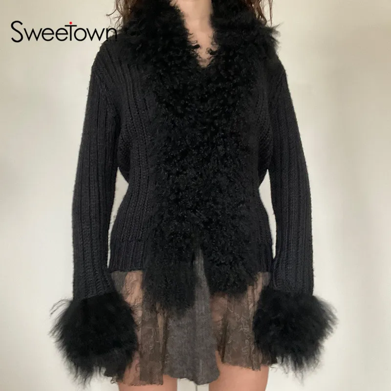 Sweetown Black Solid Knitted Y2K Cardigan Fur Trim Elegant Fashion Sweaters Women Long Sleeve Slim Autumn Winter Jackets Outwear
Sweetown Black Solid Knitted Y2K Cardigan Fur Trim Elegant Fashion Sweaters Women Long Sleeve Slim Autumn Winter Jackets Outwear