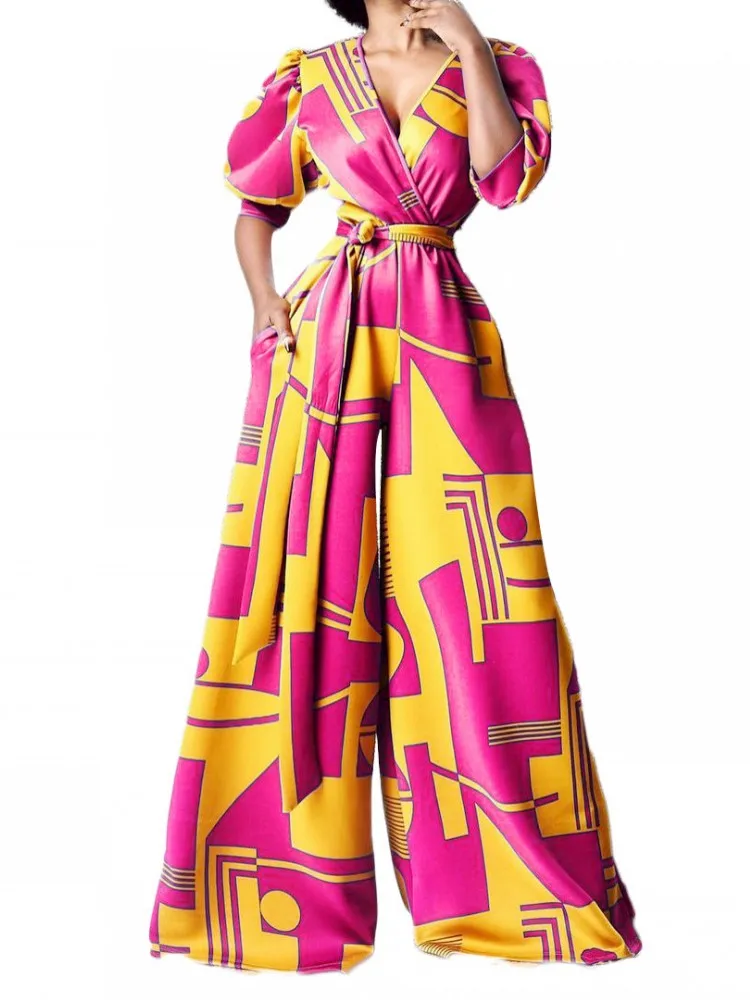 2021 Summer Jumpsuit Fashion Sexy Women's Wide Leg Pants Waist Bandage High Waist V-Neck Printed African Jumpsuit With Belt
2021 Summer Jumpsuit Fashion Sexy Women's Wide Leg Pants Waist Bandage High Waist V-Neck Printed African Jumpsuit With Belt