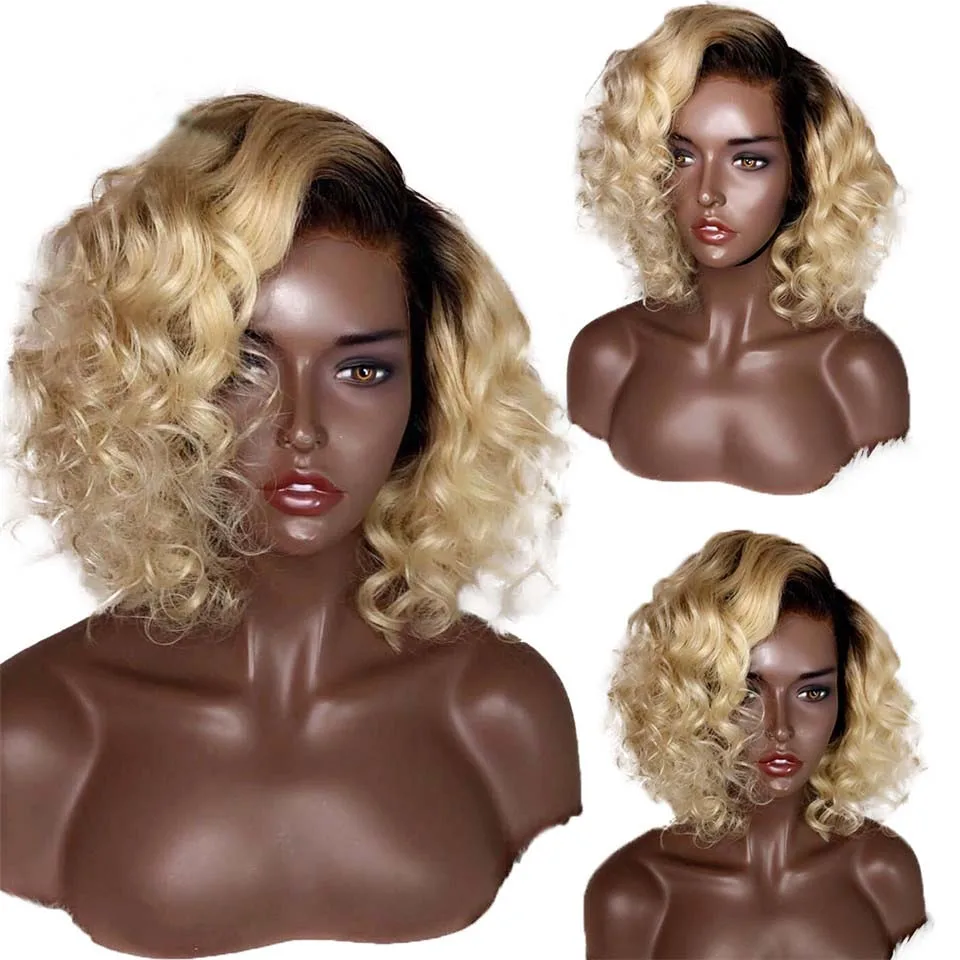 

Honey Blonde Human Hair Wigs Short Bob Lace Front Wigs Pre Plucked 1b/613 Ombre Curly Bob Lace Wig Pixie Cut Wig Bleached Knots