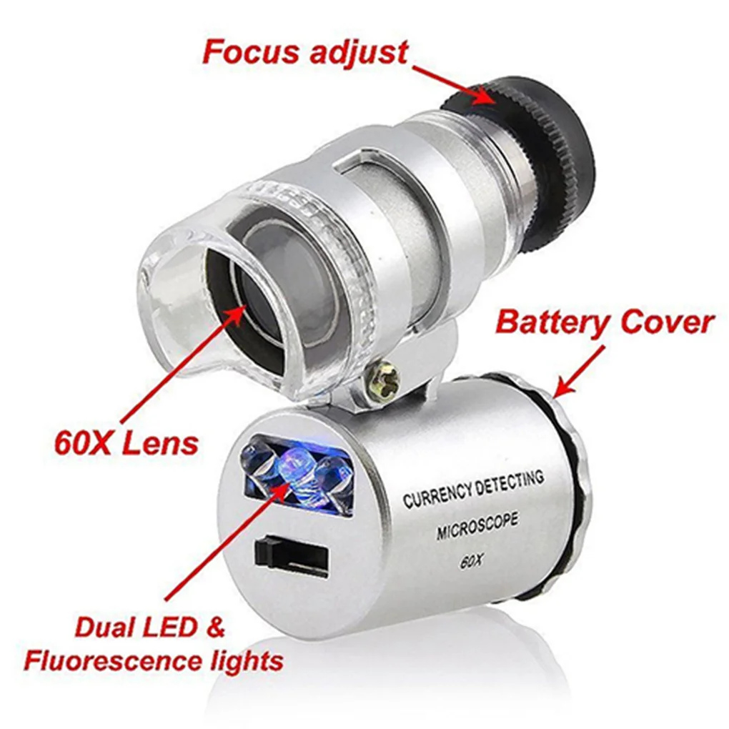 Portable Mini Pocket 60X Microscope Handheld Magnifying Glass Loupe UV Light Currency Detector Jeweler Magnifier With LED Light
Portable Mini Pocket 60X Microscope Handheld Magnifying Glass Loupe UV Light Currency Detector Jeweler Magnifier With LED Light