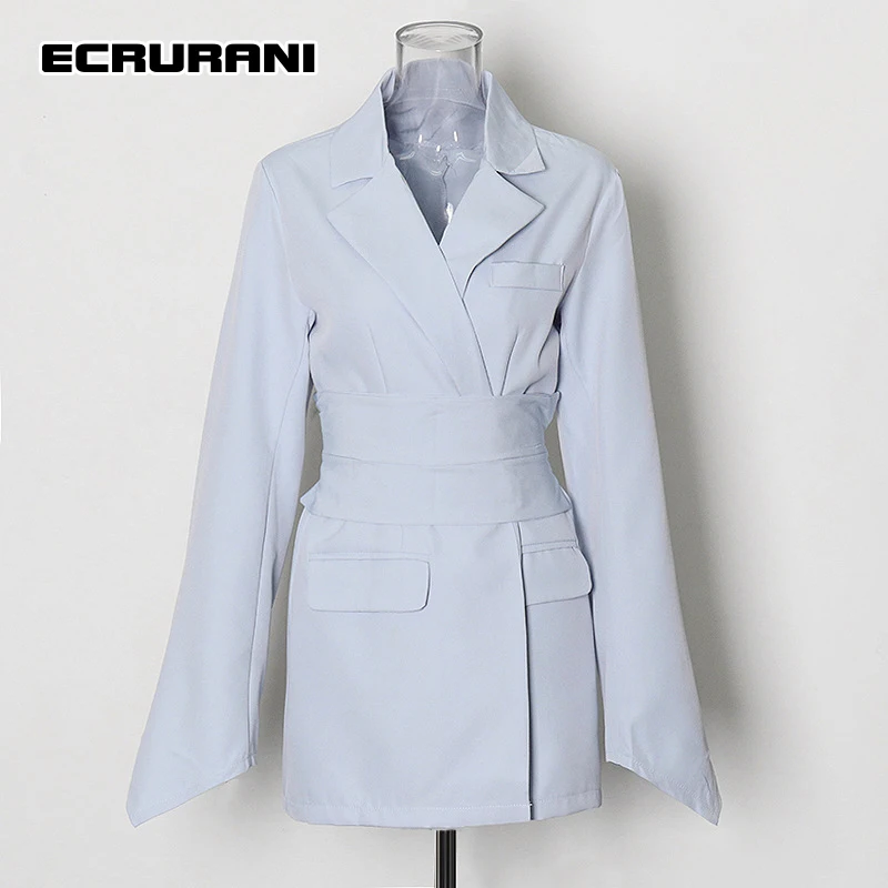 

ECRURANI Blue Elegant Blazers For Female Notched Long Sleeve Gathered Waist Bowknot Casual Women's Blazer 2021 Fashion Clothing