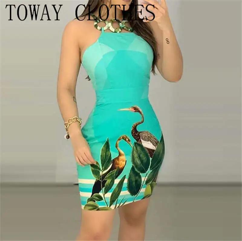 

Summer Dress For Women 2022 Tropical Print Sleeveless O Ring Decor Bodycon Dress Vacation Mini Vestidos Elegantes Para Mujer