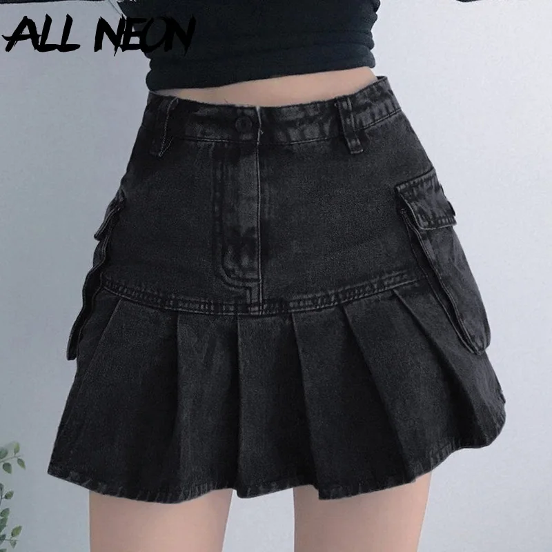 Джинсовая юбка с высокой талией ALLNeon Mall Goth Y2K, эстетичная черная джинсовая плиссированная юбка E-girl с большими карманами, гранж-панк, наряды 
Джинсовая юбка с высокой талией ALLNeon Mall Goth Y2K, эстетичная черная джинсовая плиссированная юбка E-girl с большими карманами, гранж-панк, наряды