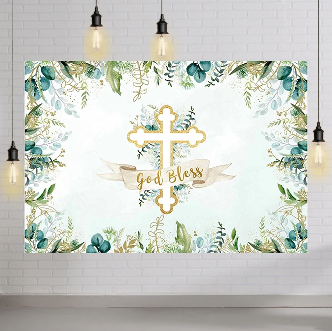 God Bless Backdrop Kids First Holy Communion Baptism Baby Shower Christening Green Leaves Golden Cross Decorations Background
God Bless Backdrop Kids First Holy Communion Baptism Baby Shower Christening Green Leaves Golden Cross Decorations Background