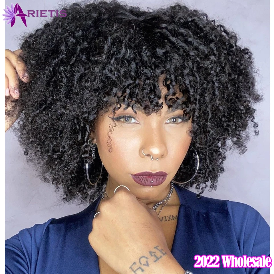 

Afro Kinky Curly Wig With Bangs Full Machine Made Scalp Glueless None Lace Front Wig For Women 250% Density Brazilian Remy Hair