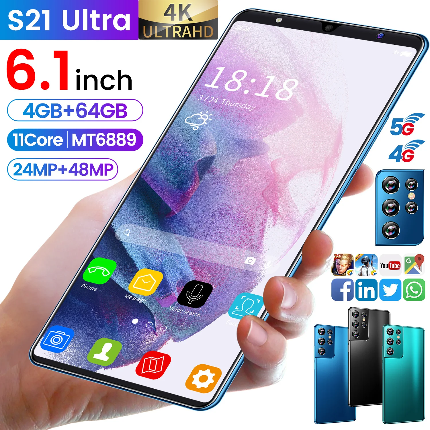 Global Version Galxy S21 Ultra 5000mAh Battery Smartphones 4+64GB 6.1" FHD Screen Mobile Phones 24+48MP Android 11 Cellphone
Global Version Galxy S21 Ultra 5000mAh Battery Smartphones 4+64GB 6.1" FHD Screen Mobile Phones 24+48MP Android 11 Cellphone