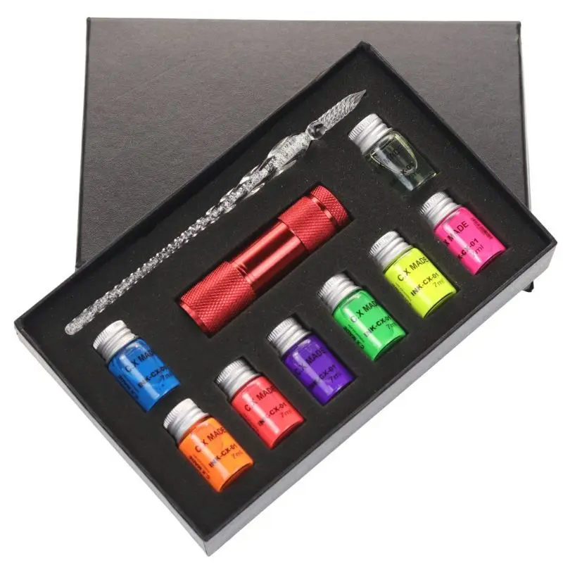 10Pcs/Set Invisible Fluorescence Bottled Dip Signature Pen Ink With Glass Fountain Dip Writing Pen Art Supplies Gifts
10Pcs/Set Invisible Fluorescence Bottled Dip Signature Pen Ink With Glass Fountain Dip Writing Pen Art Supplies Gifts