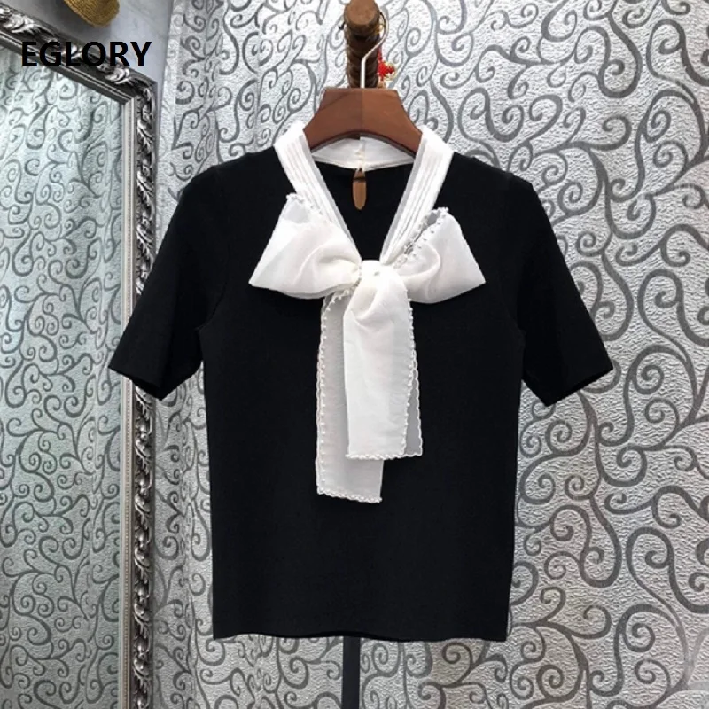 High Quality Sweaters 2020 Autumn Black Pullovers Women White Bow Collar Short Sleeve Knitted Tops Ladies Casual Jumpers
High Quality Sweaters 2020 Autumn Black Pullovers Women White Bow Collar Short Sleeve Knitted Tops Ladies Casual Jumpers