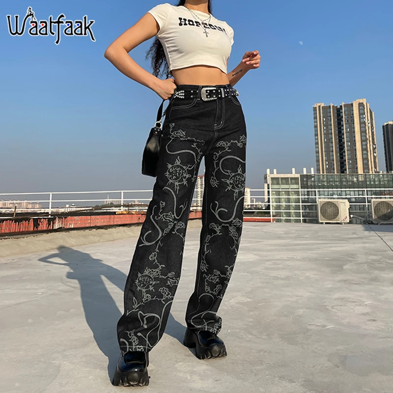 

Waatfaak Goth Grunge Fairycore Black Jeans Y2K Printed Wide Leg Cargo Jeans Women Streetwear Boyfriend Mom Pants Baggy Aesthetic