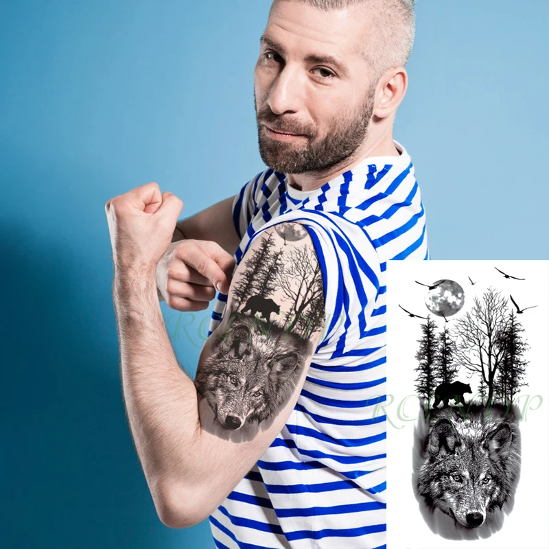 Фото Водонепроницаемый временная татуировка Стикеры волк лес Луна Дерево с животным