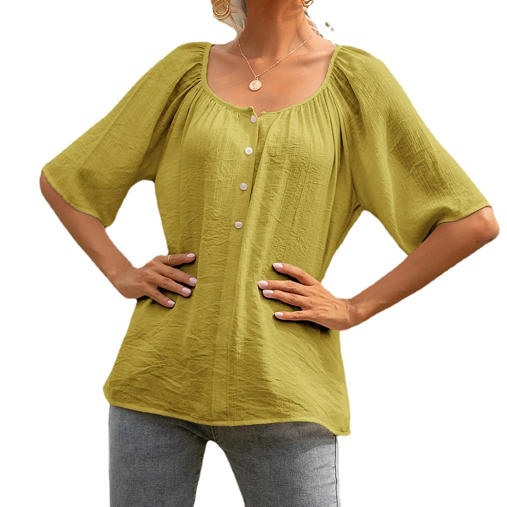 Casual Women T-shirts 2021 Summer O-neck Solid Bottons Shirts Loose Half Sleeve Female Tops Fashion Female Women's Clothes
Casual Women T-shirts 2021 Summer O-neck Solid Bottons Shirts Loose Half Sleeve Female Tops Fashion Female Women's Clothes