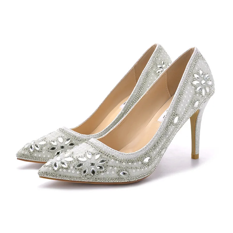 

Wedding Women Shoes Pointed Toe Women Pumps Sequined Cloth Slip On 7CM 9CM Thin High Heels Rhinestones Bling Shallow size 35-42